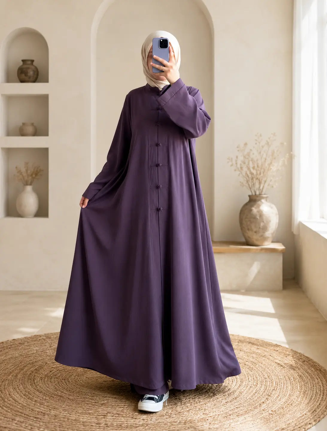 Abaya Boutons Nœuds - vue de face kaki