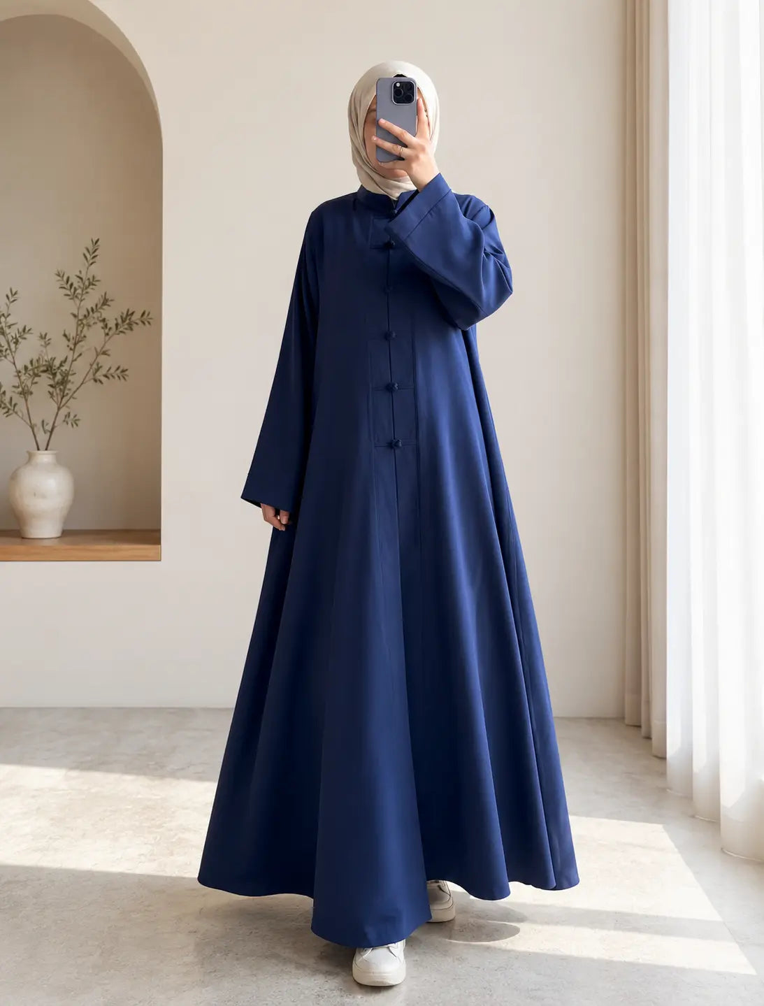 Abaya Boutons Nœuds - silhouette bleu marine