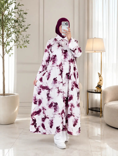 Abaya fleurie imprimée - vue de face boutonnée