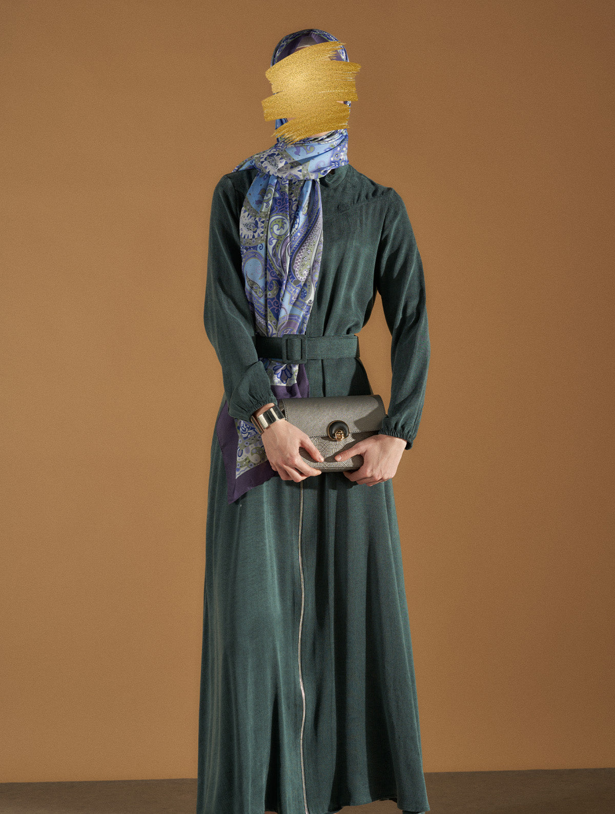 Robe Verte Ceinturée à Fermeture Zippée