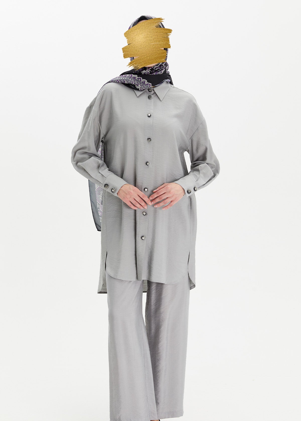 Ensemble Gris Perle à Chemise Longue Satinée
