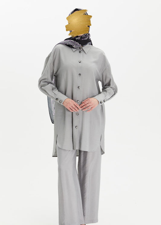 Ensemble Gris Perle à Chemise Longue Satinée
